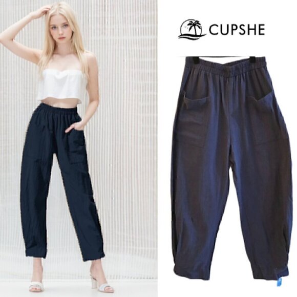 80.🆕 Small Cupshe Navy High Waist Tapered  Beach Pants NWT - Picture 1 of 2